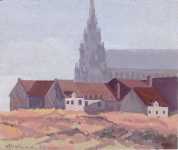 Gouache reprsentant un paysage de Valenciennes en 1946